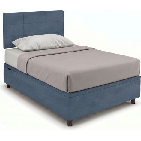 Letto Singolo Contenitore Imbottito 80x190 cm Microfibra Blu BoxMax Testata Square (1/5)