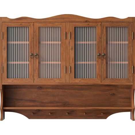 Armoire murale rétro 4 portes en bois massif et verre 100 cm avec étagères amovibles et porte-crochets, couleur marron (1/5)