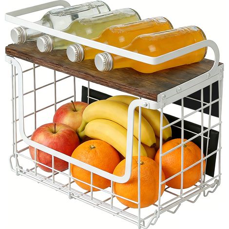Corbeille à fruits - Panier empilable mural - Métal et bois - 31x27x16 cm (1/5)