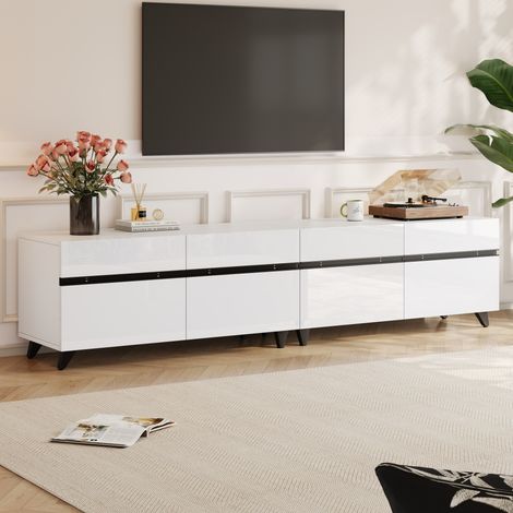 Meuble TV 1804049 cm, meuble TV brillant, meuble bas avec 4 armoires et cloisons réglables, meuble de salon avec 8 pieds, capacité de charge recommandée 52 kg, convient pour les téléviseurs 80 pouces. (1/5)