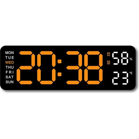 Réveil LED à gros caractères, multifonctionnel, silencieux, rectangulaire, mural ou de bureau, coque noire, lanterne orange (1/5)