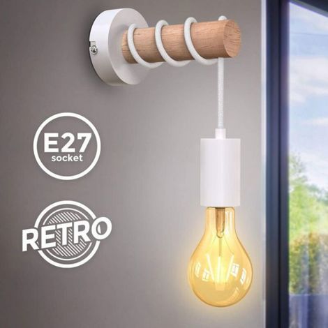 Applique Murale - Bois Métal - Douille E27 - Pour Ampoule LED 10 W Max - Blanc - 185 x 96 x 170 mm (1/5)
