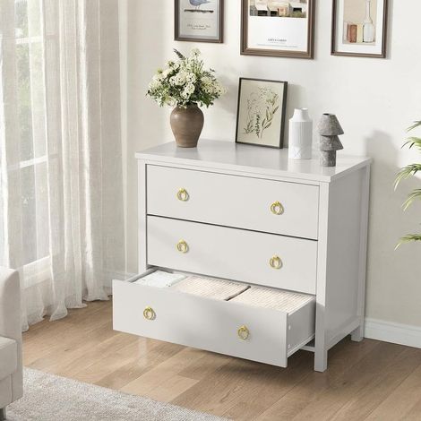 Commode Moderne élégante pour Chambre – Table de Chevet Robuste avec Grand capacité de Rangement, poignées dorées, Dispositif Anti-basculement – Idéale pour Chambre, Blanc – 3 tiroirs (1/5)
