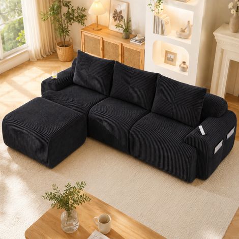 Canapé modulable en velours côtelé pour 3 personnes (avec poufs), combinable à volonté, comprenant des porte-gobelets et une poche de rangement latérale, idéal pour les salons, les salles de séjour et (1/5)