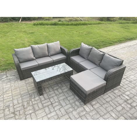 Fimous Garten Sofa im Freien Set Polyrattan Gartenmöbel Set mit Rechteckiger Couchtisch 2 Großer Hockern 3-Sitzer Sofa Dunkelgrau Gemischt