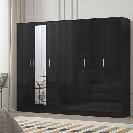 Reflect 2pc Wardrobe Bundle - 3 Door Mirror + 3 Door Plain - Black Gloss & Black Oak