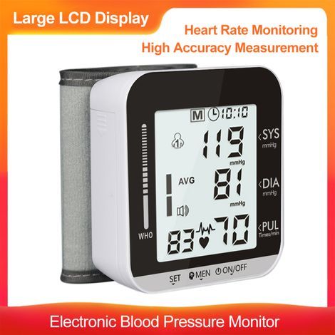 Tensiomètre électronique de poignet avec détection de la fréquence cardiaque, sphygmomanomètre entièrement automatique, appareil de mesure de la pression artérielle à écran LCD numérique. (1/4)