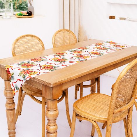 Chemise De Table De Noël - Motif Père Noël Et Poinsettia - Pour Table À Manger - 185 X 35 Cm - 1 Pièce