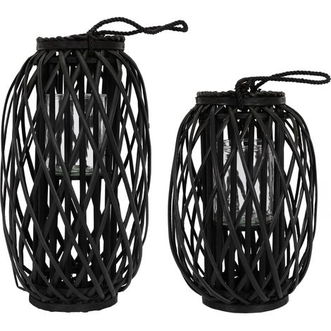ECD Germany 2x Farolas Portavelas con Asa 40x Ø26 cm / 50x Ø28 cm Fibra de Cuerda Tejida a Mano Candelero Aspecto Mimbre Negro Farolillo Retro Linterna Caña con Inserción de Cristal Decorativo Jardín