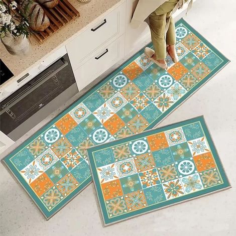 Antirutsch-Küchenläufer für das Spülbecken – Blumenmuster in Grün und Orange, erhältlich in 40x60 cm und 40x120 cm.