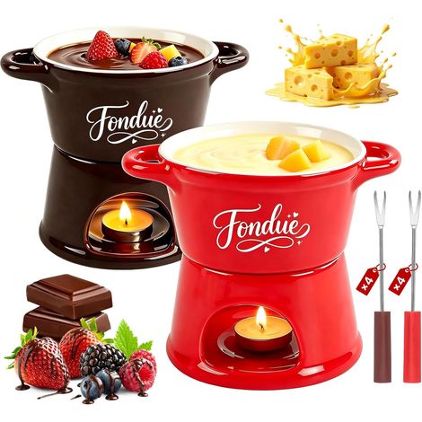 Lot de 2 Appareils à Fondue au Fromage à Bougie 300ml,Antiadhésif Caquelon à Fondue Savoyarde/Chocolat sans Fil avec 8Pcs Fourchettes,Convient au Micro-Ondes/Lave-Vaisselle (Rouge (1/5)