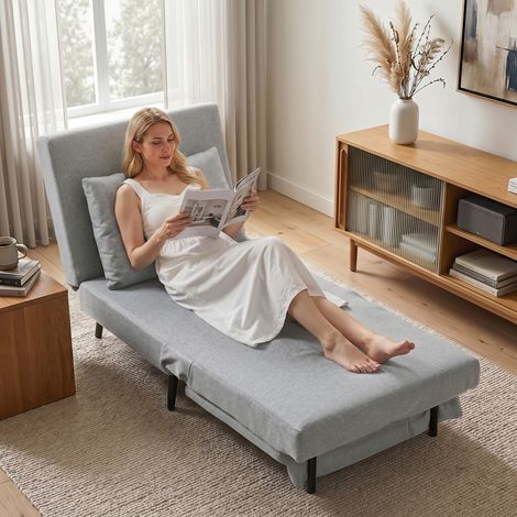 Fauteuil lit 3-en-1 avec dossier réglable et coussin, en tissu effet lin gris clair (1/5)