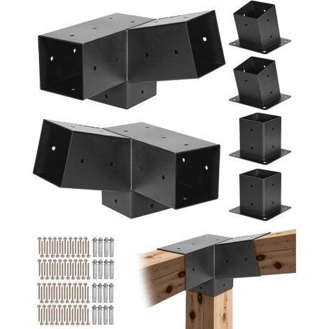 Kit de Soportes Inclinados para Pérgola de 3 Vías 10 x 10 cm para Vigas de Madera 92 x 92 mm en Tamaño Real, con 2 Bases para Postes y 2 Bases de Montaje en Pared, para Pérgolas, Cenadores (1/5)