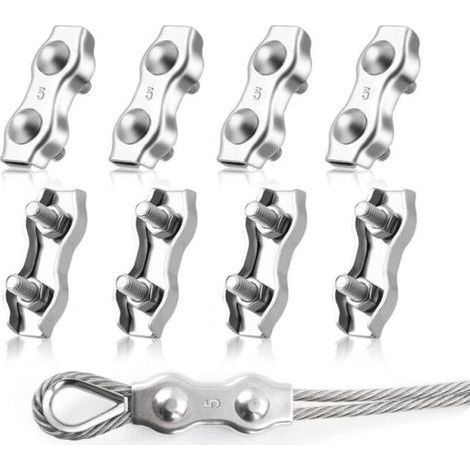 8 Pieces M5 Duplex Cable Tie Clips, 304 Stainless Steel Duplex Wire Rope Clamps, 5mm Cable Clamp for Wire Rope Clotheslines, Sun Sails (1/5)