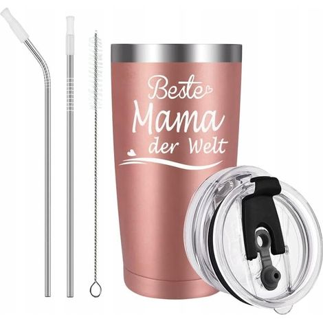Tazza termica a doppia parete in acciaio inox da 600 ml con 2 cannucce e spazzolino per la pulizia. (1/4)