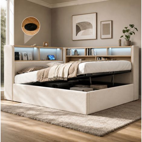 Polsterbett mit Bettkasten 140x200 cm, LED, USB und Type-C, beige Samt OKMYHOME (1/5)