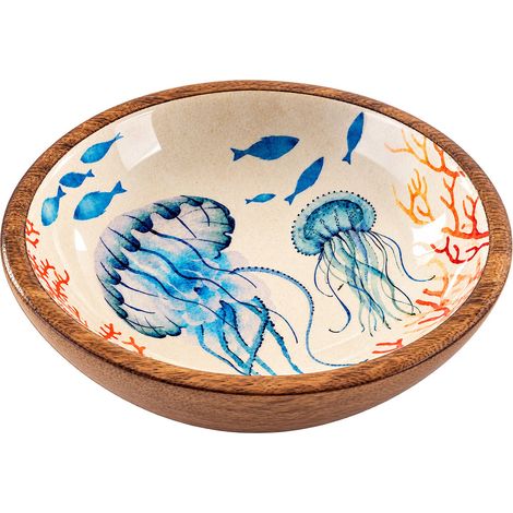 Bol en bois de manguier décor méduses et fonds marins 20 cm