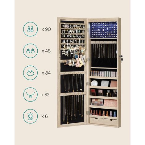 Songmics – Armoire à bijoux JJC093M01 – Miroir, verrouillable, 84 emplacements pour bagues, 90 fentes pour boucles d'oreilles, 48 crochets pour colliers – Couleur chêne