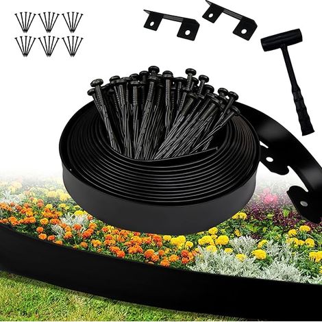 Bordure de Jardin Flexible 5cm,Longueur 10m,Bordure Jardin Exterieur Plastique,30 piquets 2 connecteurs 1 Marteau (Bord Lisse, 5cmx10m) (1/5)