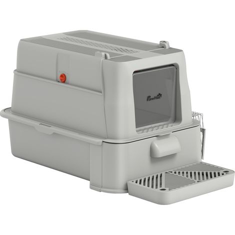 Bac à litière fermé de 80 L avec plateau amovible, ABS et acier inoxydable, 63 x 43 x 43 cm, gris clair
