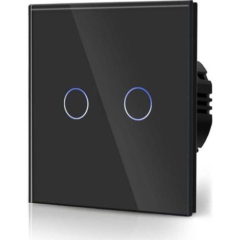 Standard-Touch-Schalter, Wandlichtschalter, kompatibel mit LED-Leuchten, Glas-Touchscreen, 110–240 V, Abdeckung aus gehärtetem Kristallglas mit Hintergrundbeleuchtung, 2-fach, 2-Wege-Taster, Schwarz