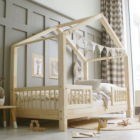 Cama 90x190 con barandilla y somier patas de 10 cm Iris Madera (1/3)