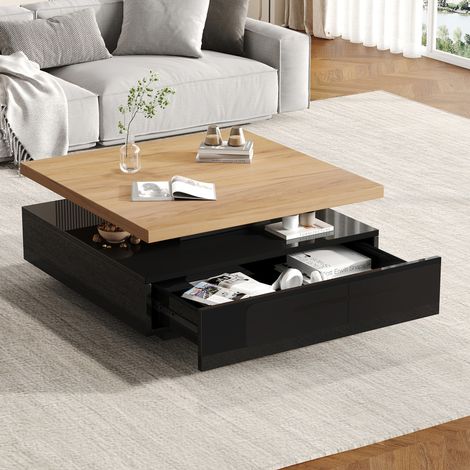 Table basse carrée pivotante à 360° 70x70x36 cm avec tiroir, noyer et noir (1/5)