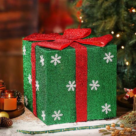 Boîte Cadeau De Noël Éclairée - Boîte Cadeau En PVC Vert 20x20x20 cm - Décoration Arbre De Noël Intérieur Extérieur - Lot De 4 (1/5)