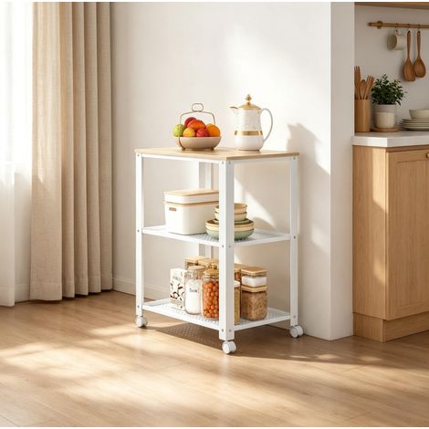 Chariot de cuisine 60x40x76 cm en bois et métal blanc, avec rangement pour cuisine FloraGrace (1/5)