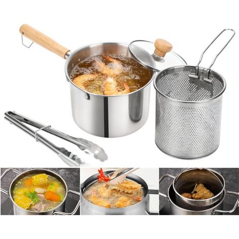 Friteuse en acier inoxydable 304, avec panier-filtre et poignée, conception profonde pour économiser l'huile, sépare les résidus, compatible avec tous les types de cuisson, lot de 3, argent (1/5)