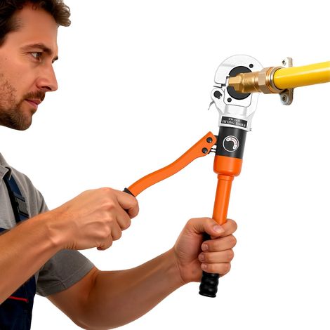 Abrazadera hidráulica manual, presión máxima 80 kN, empuñadura ergonómica, compatible con mangueras de 12 a 28 mm, recorrido de 15 mm, 5 matrices intercambiables. (1/5)