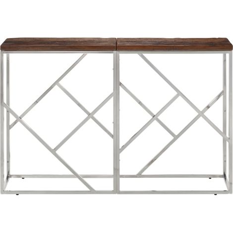 Table console,Table d'appoint,Bout de canapé,Meuble d'entrée argenté acier inoxydable et bois de mélèze massif