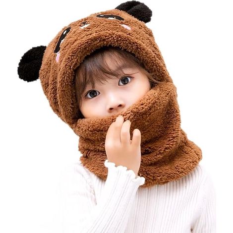 Cagoule thermique en polaire (1 pièce) pour enfants de 2 à 15 ans, bonnet et écharpe multifonctionnels originaux à motifs animaux, pour les activités de plein air des petits garçons et filles, marron (1/3)