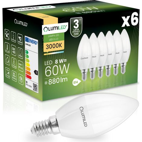 6 bombillas LED E14 tipo vela B35 de 8W = 60W, 880lm, 3000K, luz cálida, 180° lumiled (1/5)