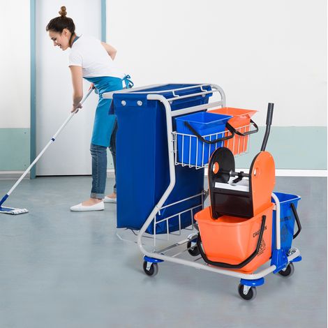 Chariot de nettoyage 4 seaux avec presse à mop, sac à déchets, 93 x 80 x 97 cm, bleu HAVRYA (1/3)