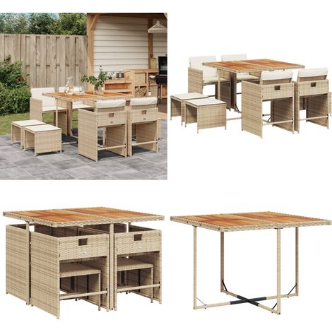 Ensemble à manger de jardin et coussins 9 pcs beige Poly rotin - Ensemble Salon De Jardin - Meuble De Jardin - Résine Tressée - Mobilier Extérieur - Table Basse - Home & Living (1/5)