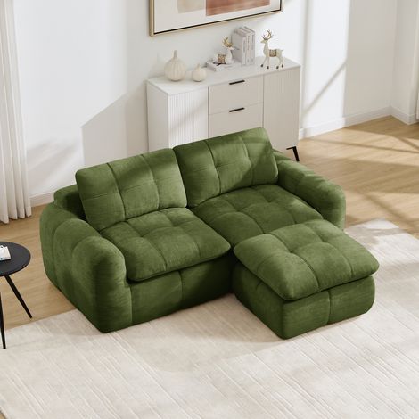 Canapé d'angle modulable 2 places sans structure, motif matelassé à carreaux, revêtement en chenille, base antidérapante, montage facile, avec 1 pouf inclus, idéal pour les salons et appartements, ver (1/5)