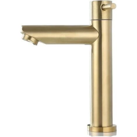Waschbeckenarmatur in gebürstetem Gold, Einzel-Kaltwasserhahn aus Edelstahl, Wasserfall-Waschtischarmatur für Badezimmer, Zubehör (kurz, gold) (1/5)