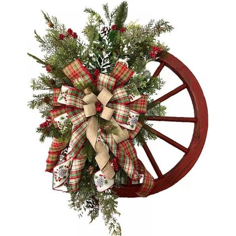 Couronne de pommes de pin de Noël – 40 cm, roue de chariot rouge et gros nœuds (1/5)