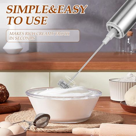Montalatte elettrico, mini frusta in acciaio inox, motore extra potente e alimentato a batteria, mixer per caffè, panna, cappuccino, latte, cocktail, succhi (1/4)