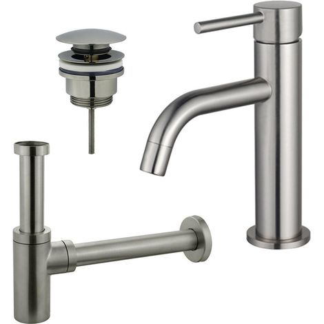 FugaFlow Eccelente Sobrado Slim Slim Kit mitigeur lavabo - robinet bas - bonde clic clac - siphon design - PVD Inox brossé (1/4)