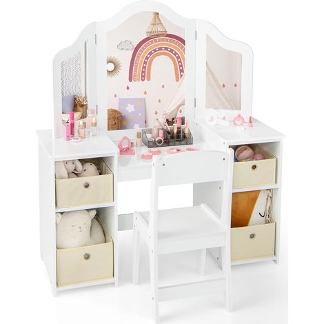 COSTWAY Toeletta Trucco 2 in 1 per Bambina, Specchiera Staccabile per Ragazza in Legno Robusto con 4 Cassetti in Tessuto, Sgabello e Specchio, Postazione Trucco per 3 Anni, 104 x 40 x 117 cm (Bianco) (1/5)