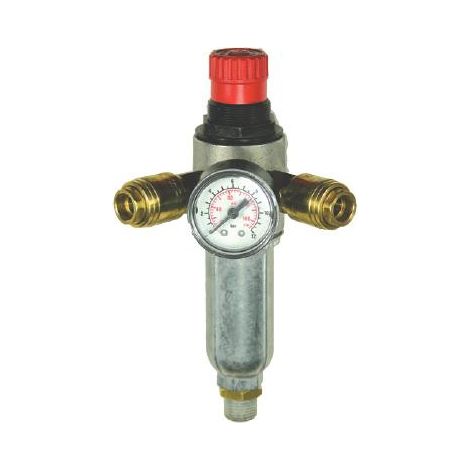 Filtre régulateur Mecafer 0-12 bars – Manomètre double graduation bar/PSI – 2 sorties rapides 3/8"M – Livré sous blister