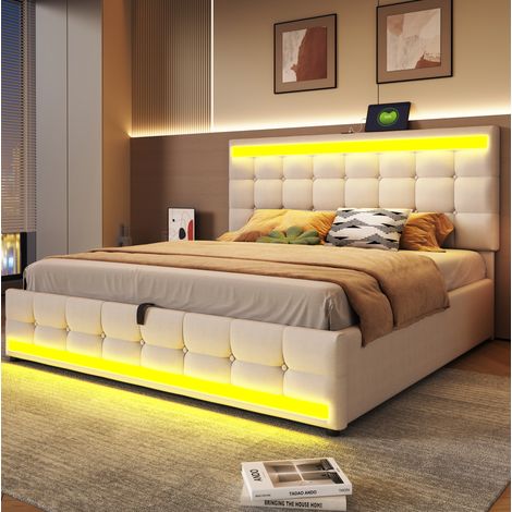 MEUBLIV Bettgestell 180x200 cm Beige – LED-Lichtstreifen, USB-Anschlüsse, ohne Matratze (1/5)