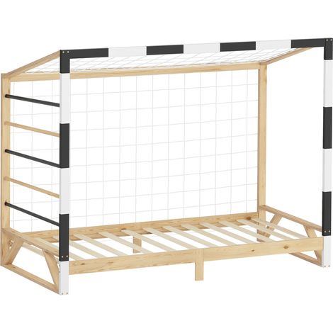 ML-Design Kinderbett Fußballtor 90x200 cm, Holzbett mit Lattenrost, Kletterleiter und Tornetz, Jugendbett aus Kiefernholz, Einzelbett für Kinder, Bettgestell Bett Spielbett Handballtor Fußballbett-Tor