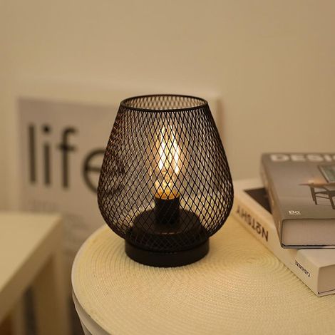 Lot de 2 Lampes à Batterie Rechargeable Lanterne Métal Cage Noire, 4 Modes d'Éclairage, Décoration Intérieur Extérieur Chambre (1/2)