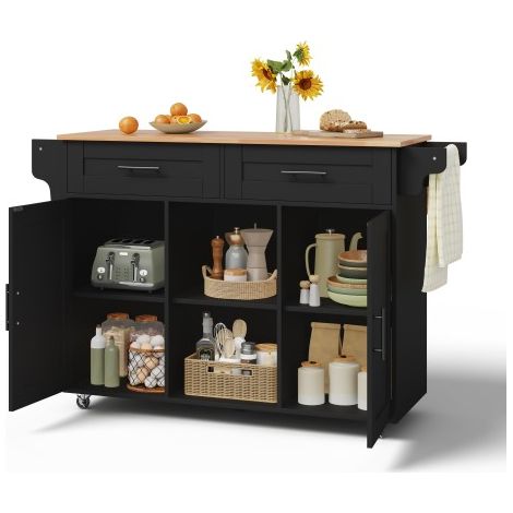 Îlot de cuisine mobile multifonctionnel, équipé d'un plan de travail rabattable, d'étagères réglables, de 5 roulettes et d'un tiroir à couverts dissimulé, 145 x 45 x 94,5 cm, ——idéal pour la cuisine, (1/5)