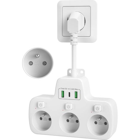 Multiprise Murale avec Interrupteur Individuel,3 Prises Françaises Prise Multiple de Terre 16A 2P + T, Triplette Electrique USB C Chargeur Adaptateur Bureau Cuisine, Câble Court 0,1m, Blanc (1/5)