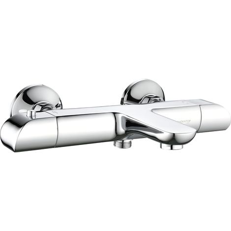 Schwarzer thermostatischer Badewannenmischer, thermostatischer Badewannen-Duschmischer mit Sicherheitsknopf bei 38℃Badewannenarmatur mit Verbrühungsschutz, Chrom (1/5)