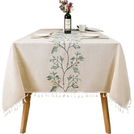Nappe rectangulaire en coton et lin antitaches, lavable avec housse, broderie de feuilles vertes, nappe déperlante, pour table à manger